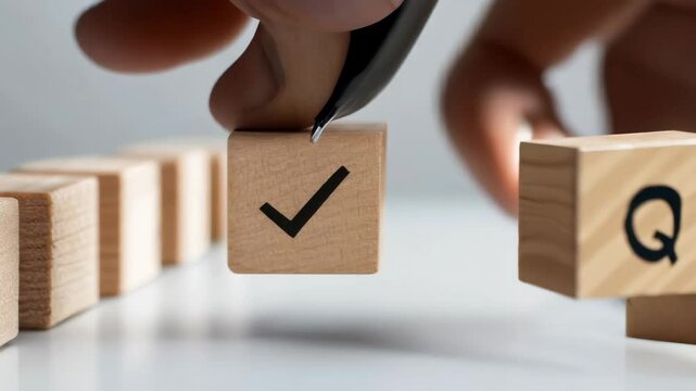 Wooden cube with a tick on the background of a number of other cubes