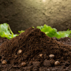 plant in soil.A closeup of rich brown soil ground with visible organic matter, showcasing the fertile texture and small granules perfect for farming and gardening