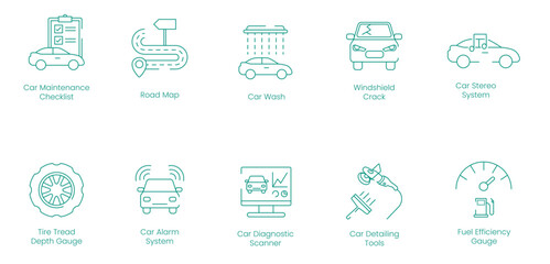 Car Maintenance Checklist, Road Map, Wash, Windshield Crack, Car Stereo System, Tire Tread Depth Gauge, Alarm System, Car Diagnostic Scanner, Car Detailing Tools vector icon set