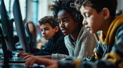 A school implementing cybersecurity measures, with teachers and students learning about online safety, secure communication, and data protection