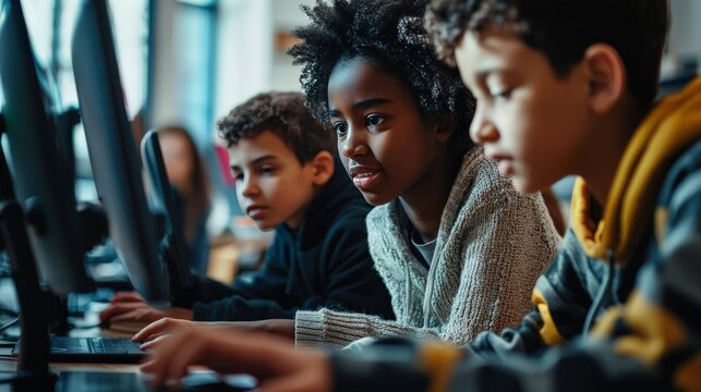 A school implementing cybersecurity measures, with teachers and students learning about online safety, secure communication, and data protection