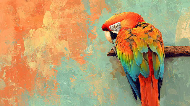 A close-up view of a parrot napping on a perch, against a pastel background and in a serene style, highlighting the parrot’s restful pose and cozy setting 
