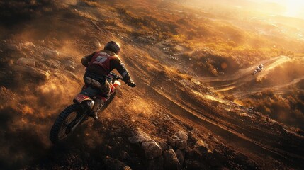 Obraz premium A motocross rider navigating a rugged terrain during sunset, creating a dynamic sports scene.