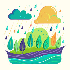 Naklejka premium Playful nature scene with rain clouds, colorful leaves, and raindrops
