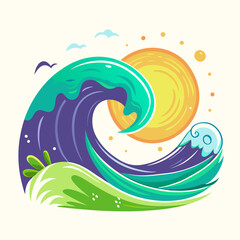 Abstract illustration of a large ocean wave with a bright sun in the background