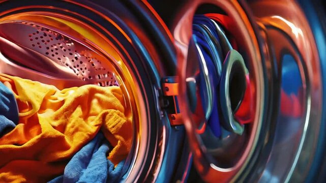 Brightly colored clothes in a washing machine drum, illuminated by soft light, creating a vibrant and dynamic 3d laundry scene