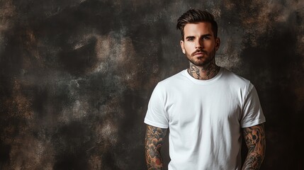 A man with a beard and tattoos stands in front of a brick wall.