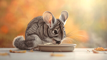 A chinchilla eating from a dish, captured from a low-angle view with a pastel background and realistic style, emphasizing the chinchilla’s mealtime and the clean, soothing environment 