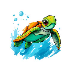 watercolor, oil painting style turtle mascot logo. Sea turtle vector illustration isolated on white background. Cartoon marine animal. 