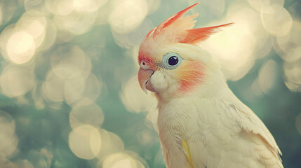 A close-up view of a cockatiel grooming itself, with a vintage style and minimal background, highlighting the cockatiel&rsquo;s self-care routine and the simplicity of the grooming area 
