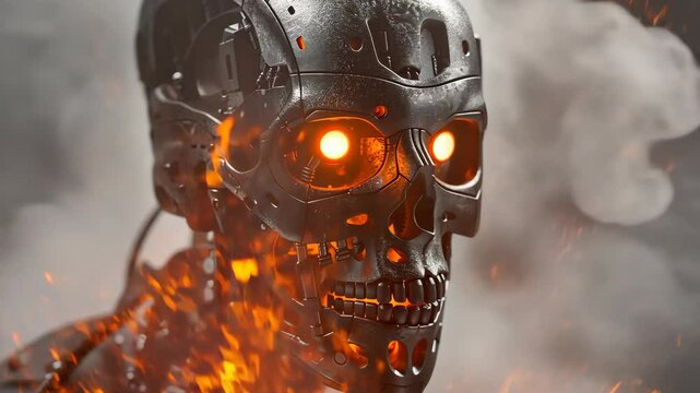 Evil demon cyborg awakens in dark wasteland on a stormy night, seeking revenge against humanity