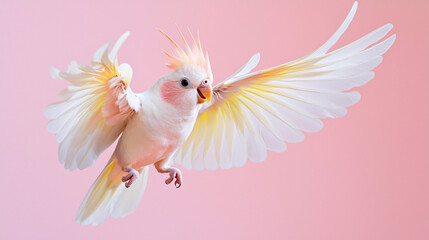Obraz premium A cockatiel training to perform tricks, captured from a low-angle view with a vibrant style and pastel background, showcasing the cockatiel’s focus and the engaging training space 