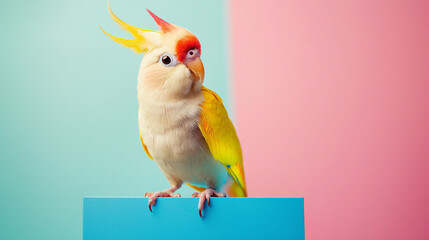 A cockatiel training to perform tricks, captured from a low-angle view with a vibrant style and pastel background, showcasing the cockatiel&rsquo;s focus and the engaging training space 
