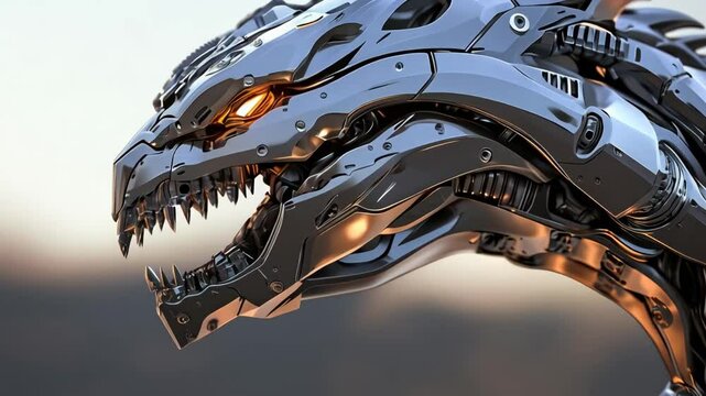 3D animation of a mechanical dragon with metal parts and glowing elements