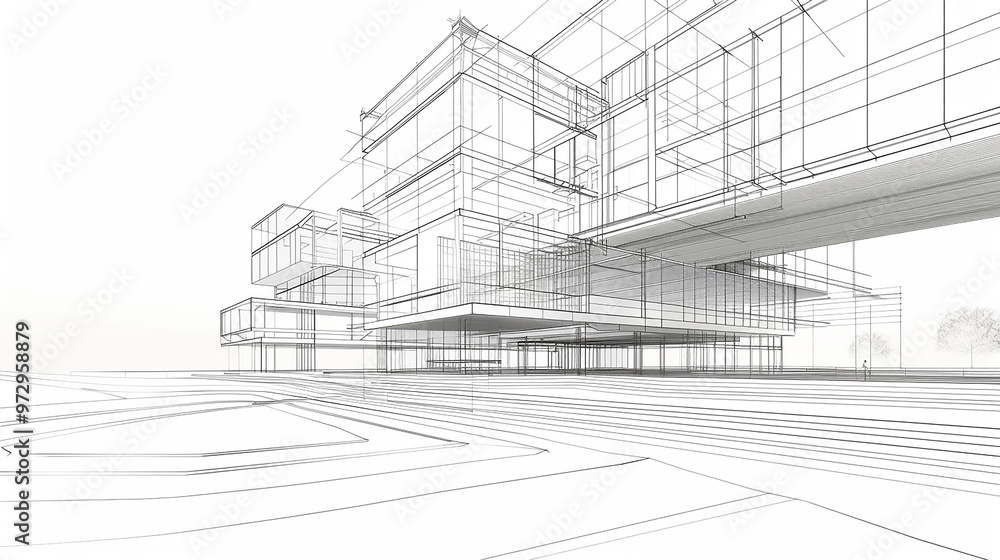Poster modern architecture building construction perspective design, building sketch line drawing on white 