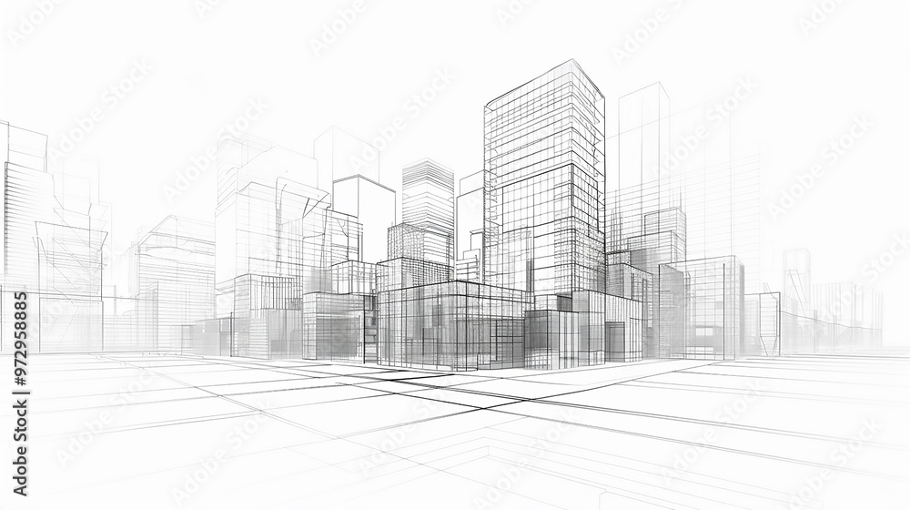 Poster modern architecture building construction perspective design, building sketch line drawing on white 