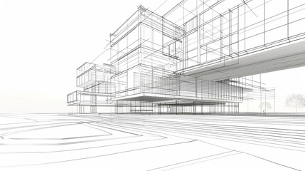Modern Architecture building construction perspective design, building sketch line drawing on white background