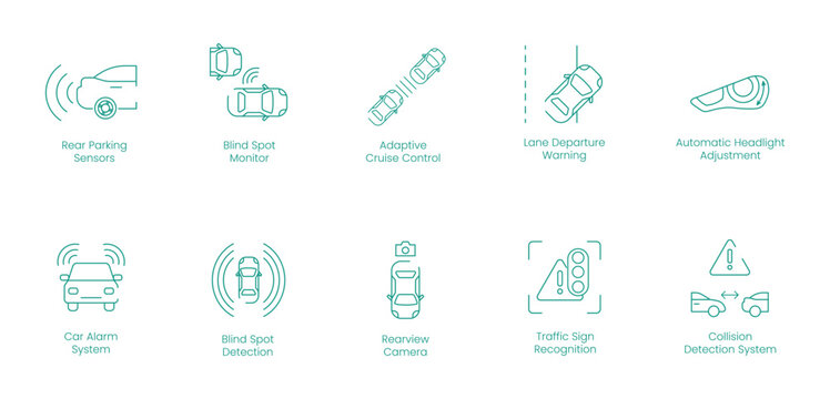 Rear Parking Sensors, Blind Spot Monitor, Adaptive Cruise Control, Lane Departure Warning, Automatic Headlight Adjustment, Car Alarm System, Blind Spot Detection, Rear View Camera vector icon set