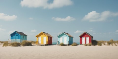 Colorful Beach Huts on Sandy Shore with Blue Sky and Serene Atmo