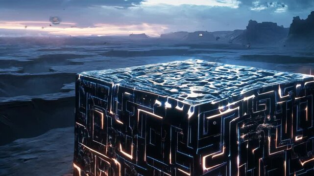 3d animation of a glowing cube on a desert landscape in the evening