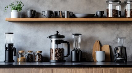 A modern coffee station setup with various coffee-making accessories, including a French press, coffee beans, and mugs, arranged neatly on a kitchen counter.
