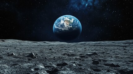 A breathtaking view of Earth rising above the lunar surface, with stars and a distant galaxy in the background.
