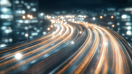 A high-altitude perspective of a city at night, showing bright, elongated traces of car headlights on the highway, adding energy and movement to the scene. photo