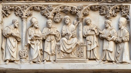 Stone Relief of Eight Figures with Ornate Floral Motifs