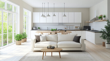 A modern kitchen and living room designed with a simple, clean style. The furniture is sleek and stylish. This is a 3D computer-generated image.