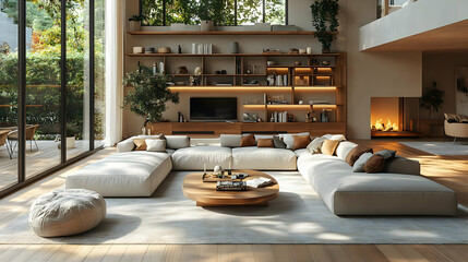 Modern living room with cozy seating, natural light, and greenery.