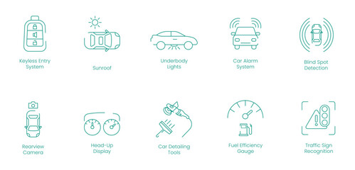 Fototapeta premium Keyless Entry System, Sunroof, Underbody Lights, Car Alarm System, Blind Spot Detection, Rear View Camera, Head Up Display, Car Detailing Tools, Fuel Efficiency Gauge vector icon set