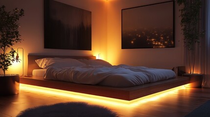 A modern, minimalist bedroom with a platform bed, simple bedding, and strategically placed lighting, offering a peaceful and visually calming environment.