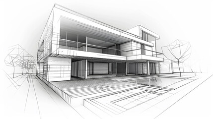 white background  Modern Architecture building construction perspective design, building sketch line drawing 