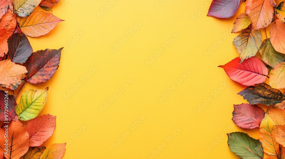 Poster bright autumn leaves forming a natural border around a single-color background, creating a warm fall