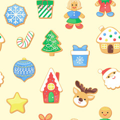 Bright Christmas sugar cookies seamless pattern. Winter holiday repeat design with cartoon gingerbread cookie - house, Santa face, reindeer, Christmas tree, gift box, candy cane. For paper or fabric.