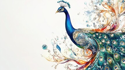 Close-up of a peacock decorated with intricate jewelry and sparkling diamonds, creating an elegant and abstract design on a white background