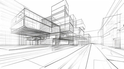 Draw sketch architecture  A city street with tall buildings and a white background
