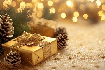 Golden holiday presents wrapped elegantly with bows and surrounded by pine cones, creating a festive atmosphere during winter