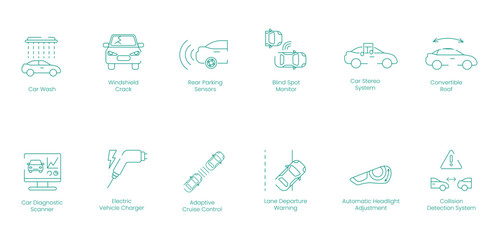 Car Wash, Windshield Crack, Rear Parking Sensors, Blind Spot Monitor, Car Stereo System, Convertible Roof, Car Diagnostic Scanner, Electric Vehicle Charger, Adaptive Cruise Control vector icon set