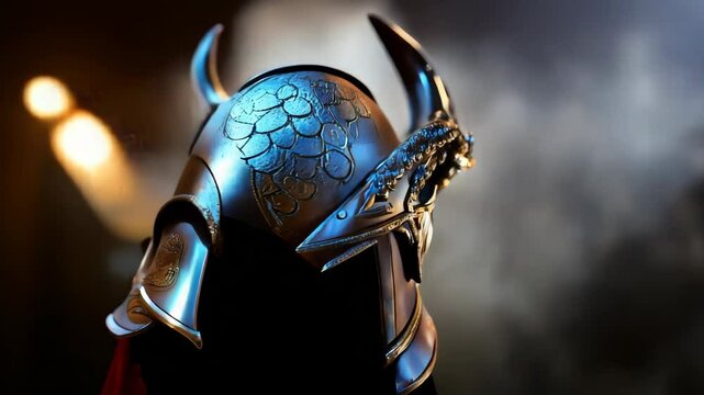 3D animation of a metal Viking helmet with horns on a black background