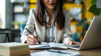 Fototapeta premium Professional businesswoman making notes during a conference call. 
