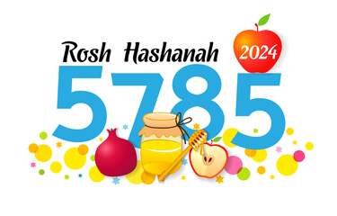 Happy Rosh Hashanah 5785, 2024 Year greetig card. Shana Tova poster with pomegranate, honey and apple. Celebrate Jewish New Year with joy and warmth. Vector illustration