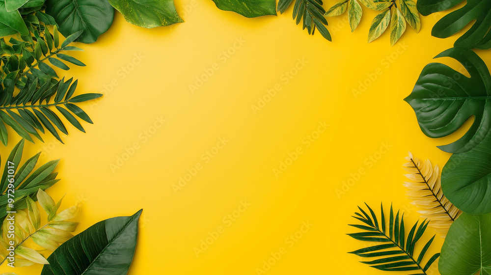 Aufkleber a bright yellow background adorned with tropical leaves, offering a cheerful and invigorating settin