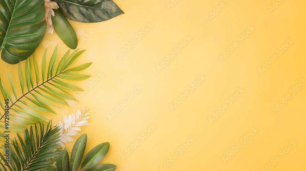 Poster a bright yellow background adorned with tropical leaves, offering a cheerful and invigorating settin