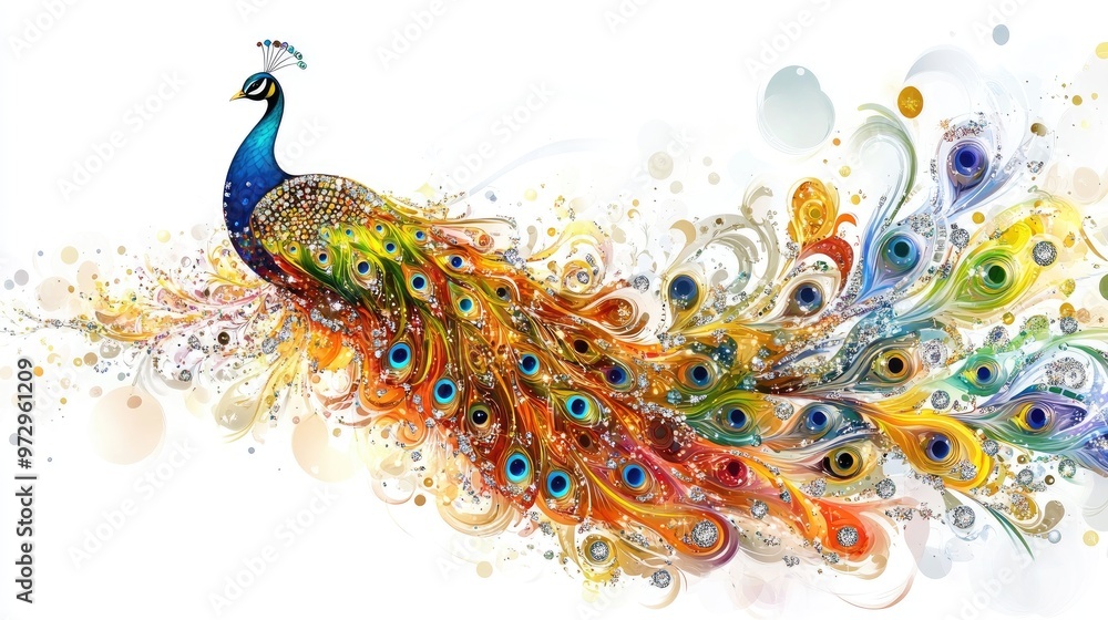 Wall mural close-up of a peacock decorated with intricate jewelry and sparkling diamonds, creating an elegant a