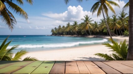 Fototapeta premium Wooden table top with blurred tropical beach background.
