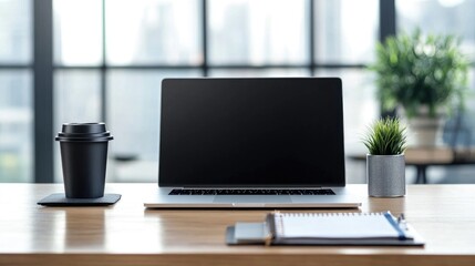 A neatly organized work desk with a laptop, notebook, and coffee cup, set against a clean, modern office backdrop, highlighting productivity and professionalism.