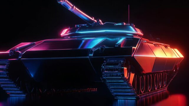 3D animation of a futuristic tank with backlight on a black background