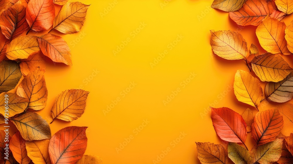 Poster bright fall leaves forming a natural border around a solid color background, creating an autumnal sc