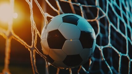 A close-up of a soccer ball in the net, capturing the moment of a goal.